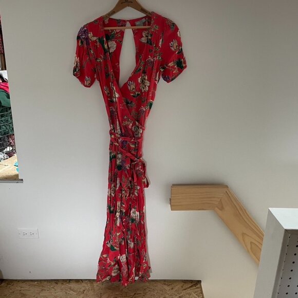 ASOS Dresses & Skirts - Asos Red Floral Short Sleeve Open Back Midi Wrap Dress Belted Womens Size 8